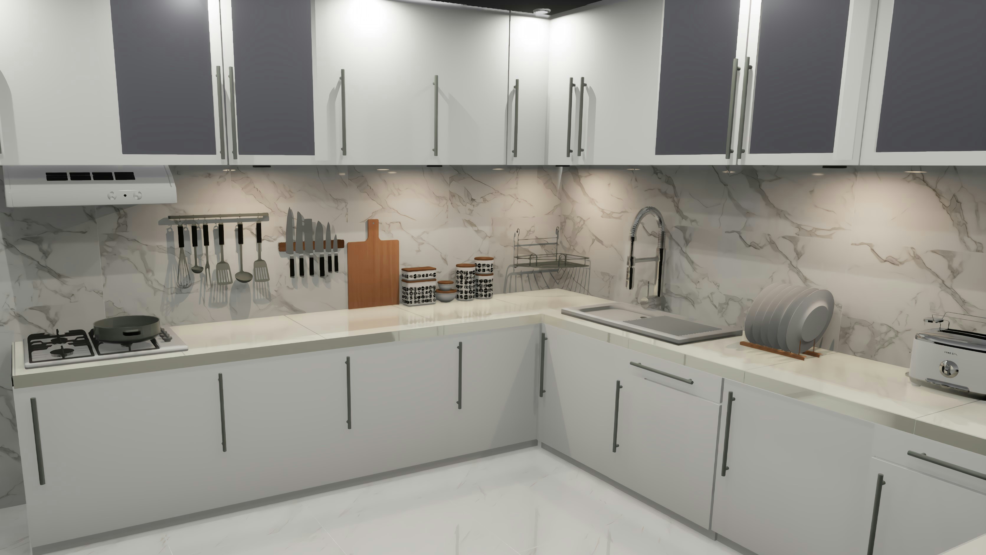 Minimalist White L-Shape Kitchen